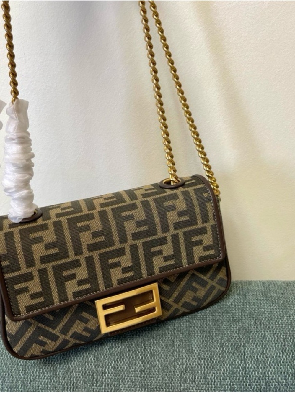 FA Fendi Baguette Monogram Canvas Bag with Brown Leather and Gold Hardware